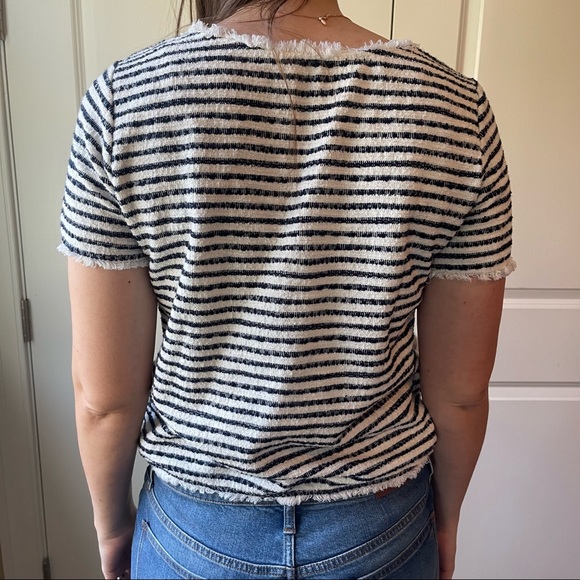 Green Envelope Fringe Trimmed Summer Sweater in Navy Stripe - Picture 2 of 7